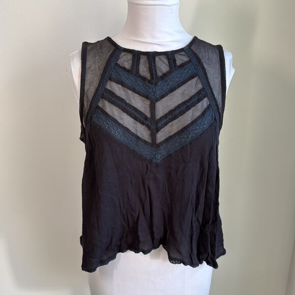 FREE PEOPLE CHEVRON HERRINGBONE ILLUSION LACE BLACK TANK TOP SMALL - Picture 3 of 6